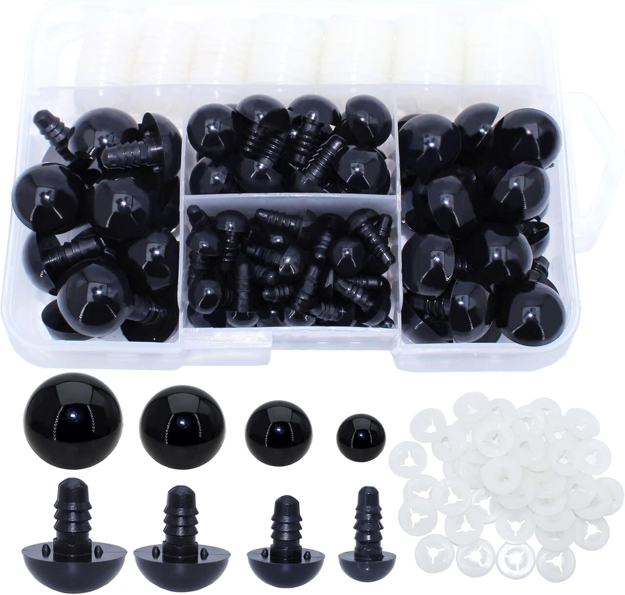 180Pcs Black Plastic Safety Eyes with Three-Fork Washers – 10/15/18/20mm for Amigurumi, Plush Dolls, and DIY Crafts